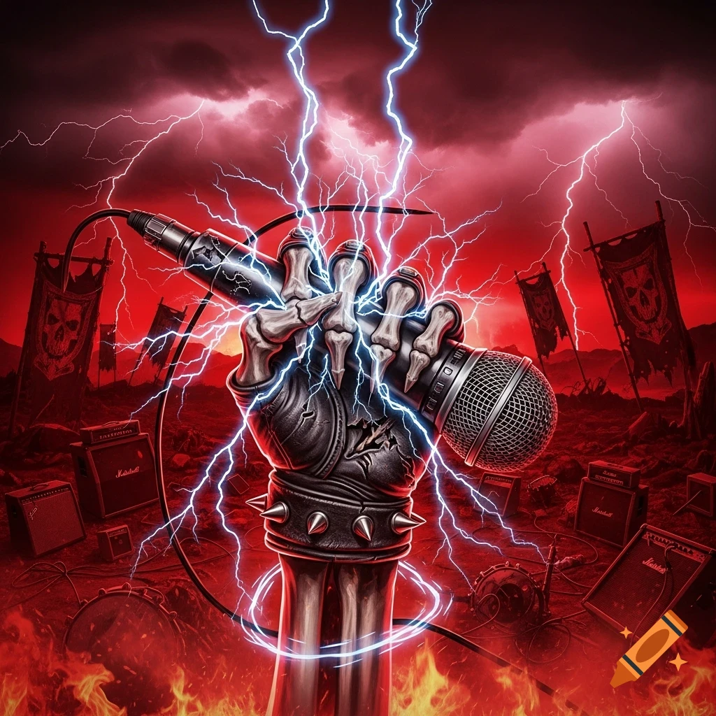 Skeletal hand in studded glove grips a microphone amid lightning, fire, skull banners, and Marshall amps in a red heavy metal landscape.