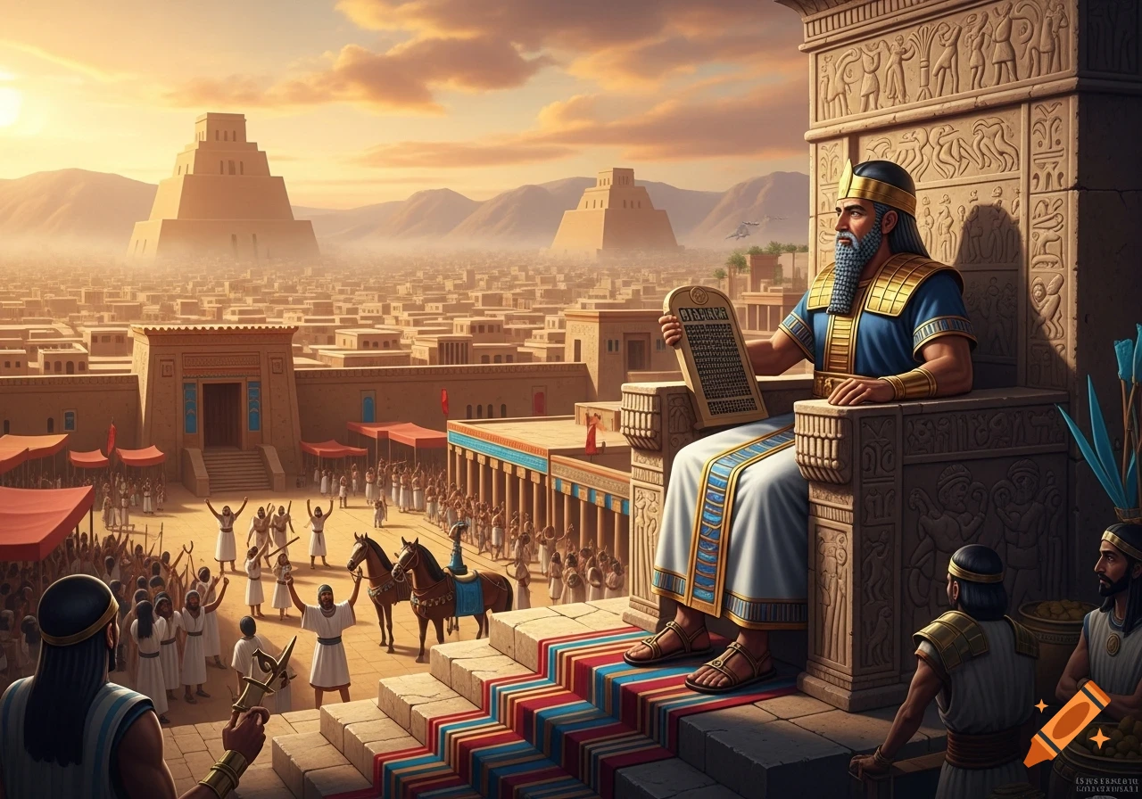 An ancient Mesopotamian king sits on a grand throne, holding a tablet, overlooking a bustling city with ziggurats at sunset.