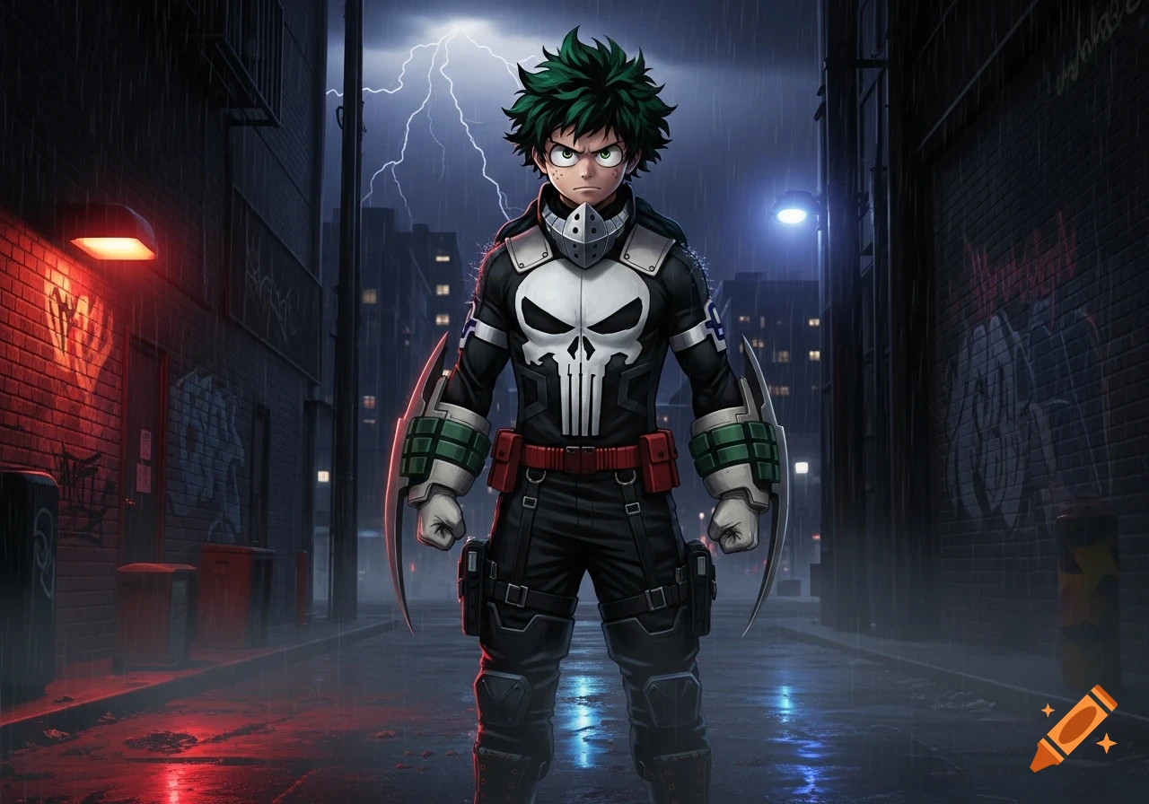 Izuku Midoriya dressed as the Punisher stands in a dark, rainy alley under lightning. He wears a black suit with a white skull.