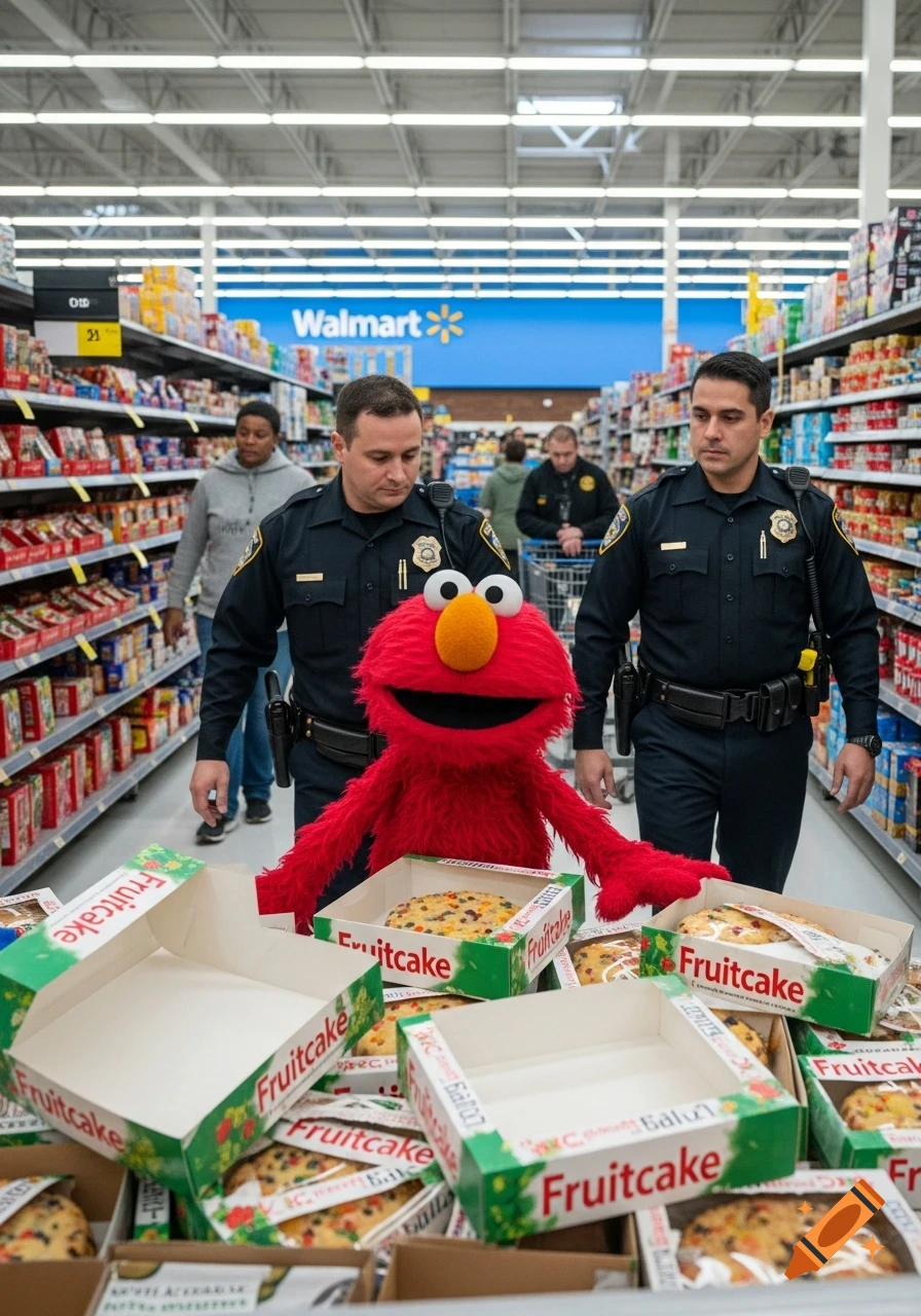 Photorealistic image of Elmo being escorted by two police officers down a Walmart aisle, surrounded by open fruitcake boxes.