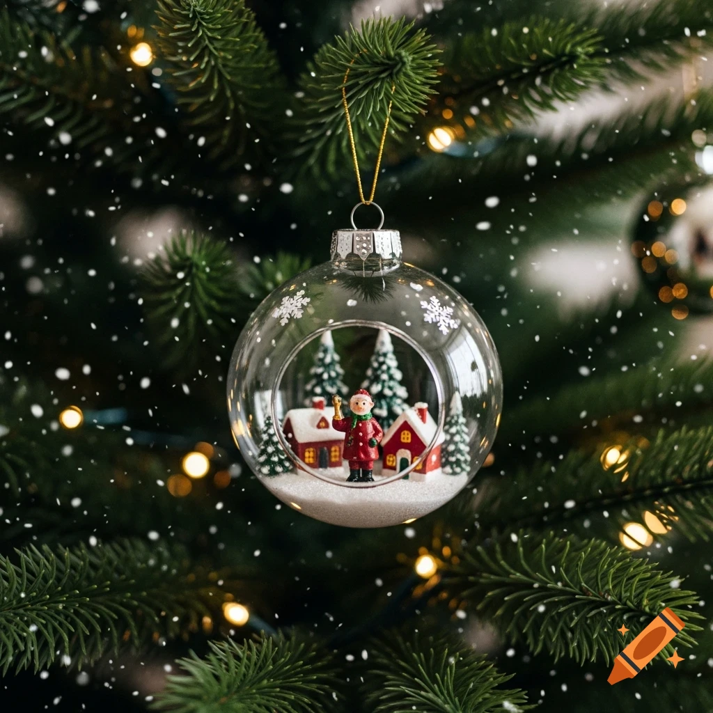 Photorealistic glass ball Christmas ornament with a miniature winter scene inside, hanging on a tree with falling snow and warm lights.