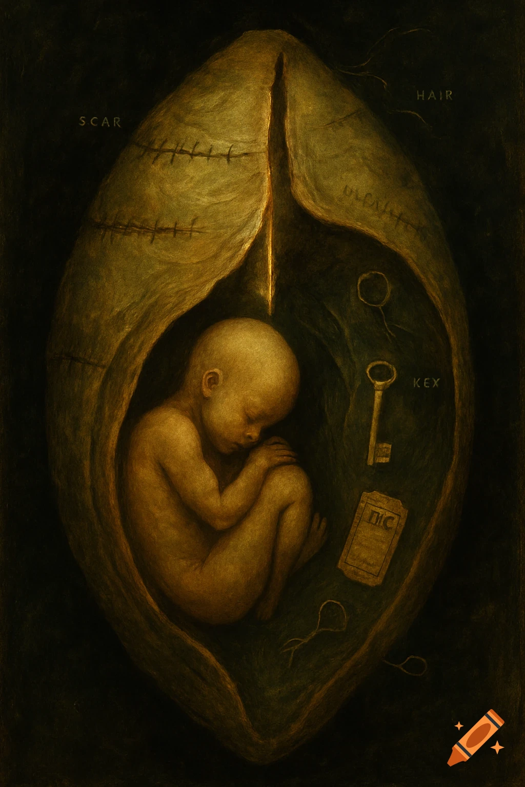 Dark, surreal painting of a fetal human figure curled inside an organic, womb-like pod with stitched seams. Symbolic objects like a key and a ticket are inside, with labels 'SCAR', 'HAIR', and 'KEX' visible on the textures.