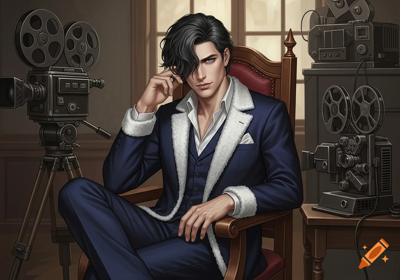 A stylish man with wavy black hair in a fur-trimmed blue suit sits in a chair, flanked by vintage film equipment.