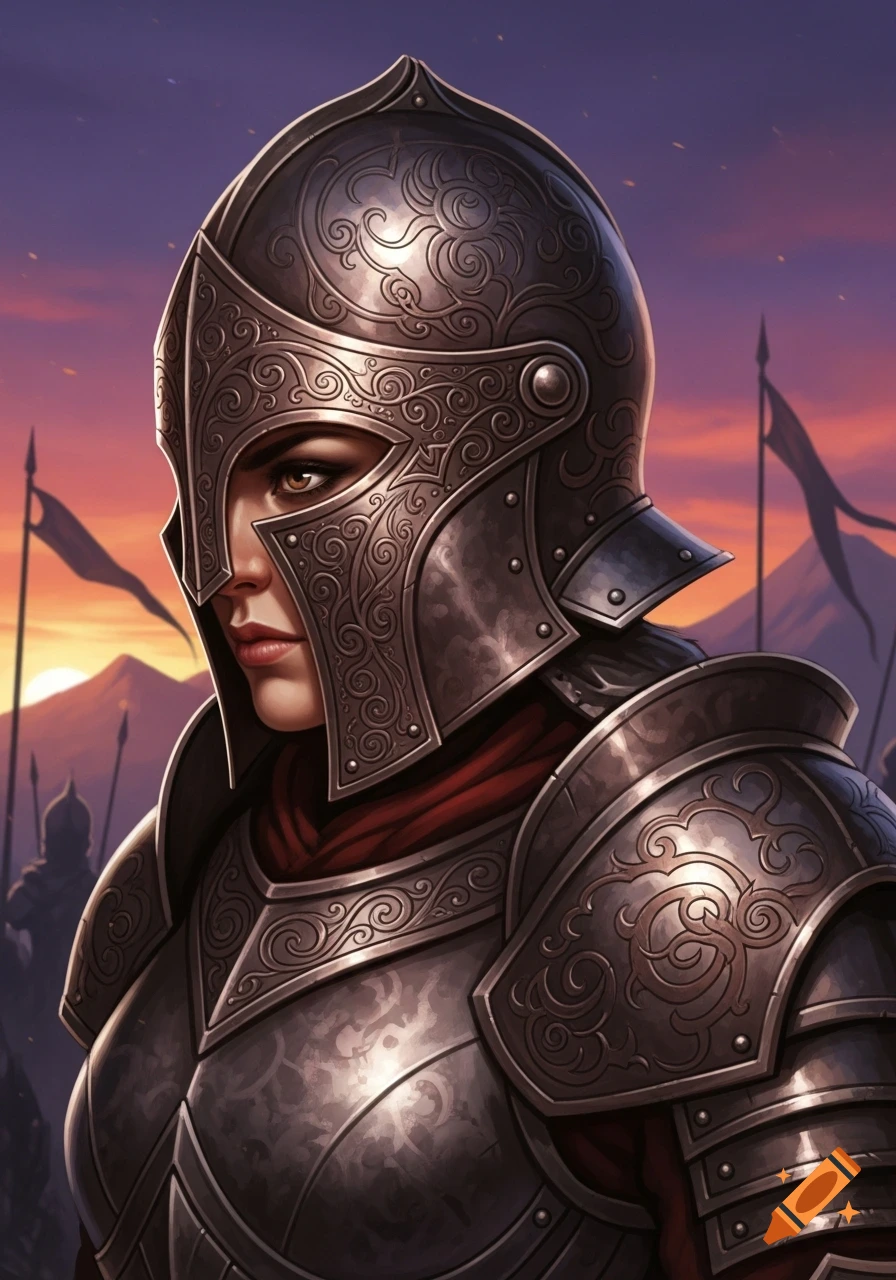 A woman in intricate iron armor and a helmet, shown in a side profile against a sunset battlefield.