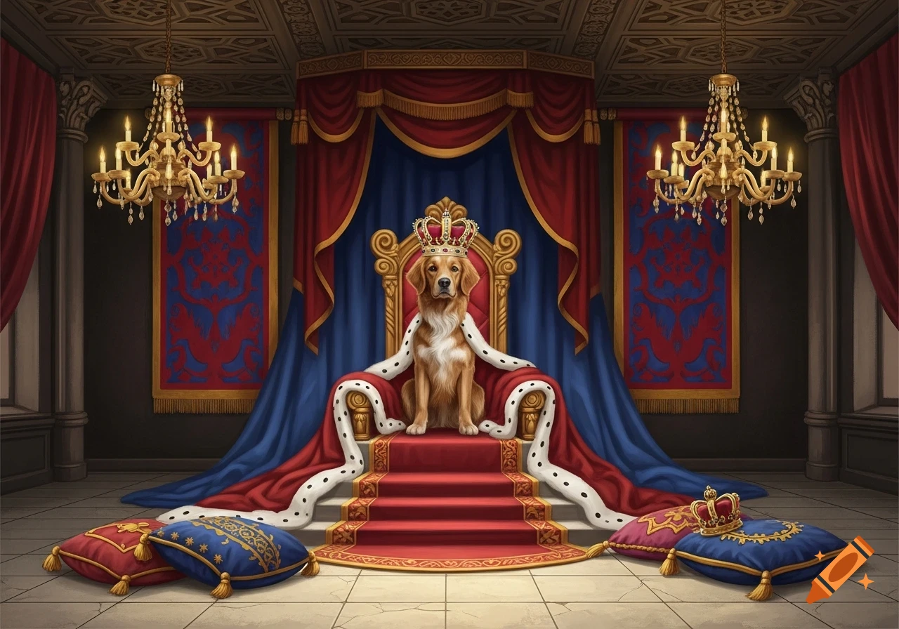 A golden retriever sits regally on a grand, red and gold throne, wearing a crown and ermine robe, in a lavish royal chamber.