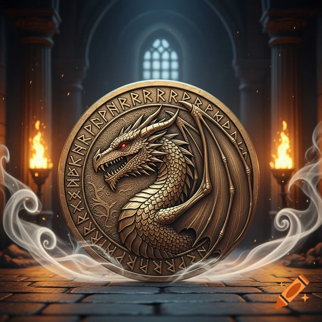 A detailed golden coin featuring a fierce winged dragon and runes, resting on a stone floor in a dark, torchlit hall.