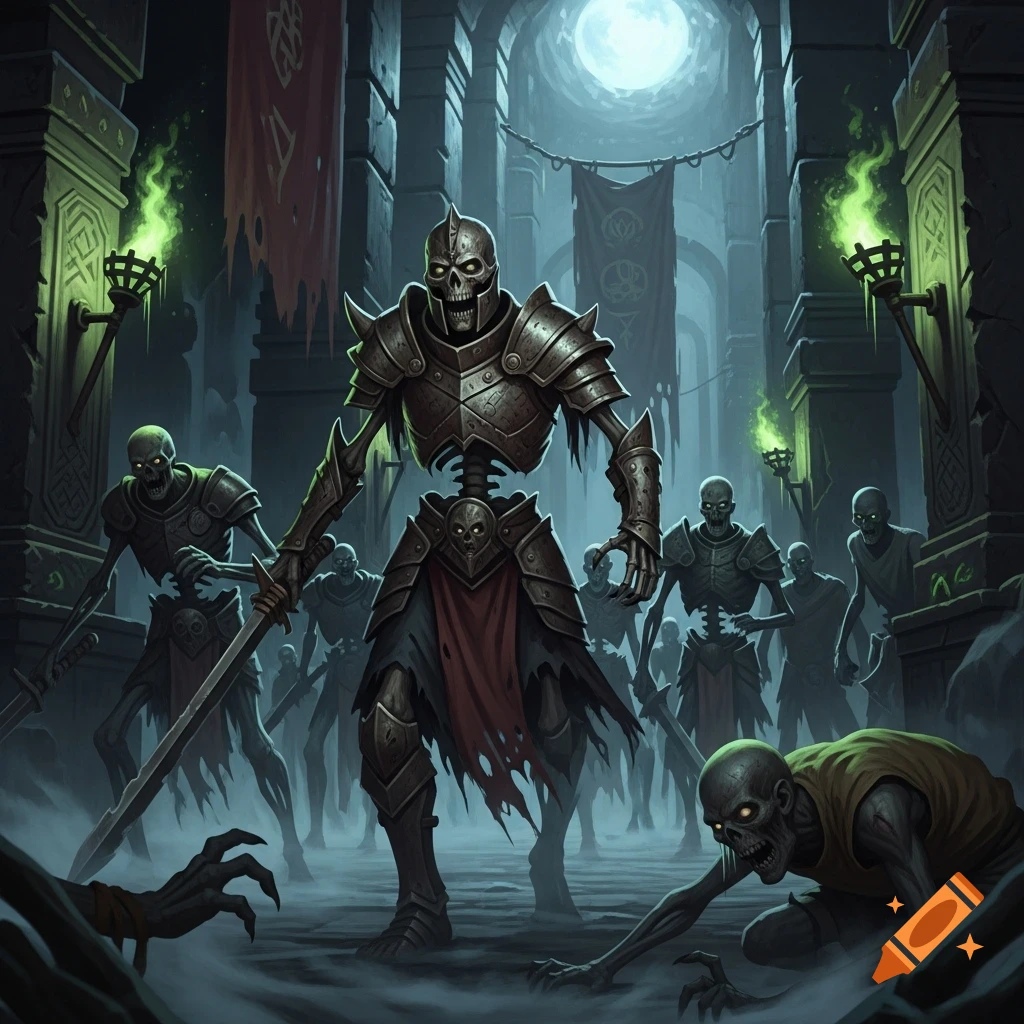 A skeletal warrior with a sword leads a horde of zombies and skeletons through a dark, moonlit dungeon with green torches. Fantasy art.