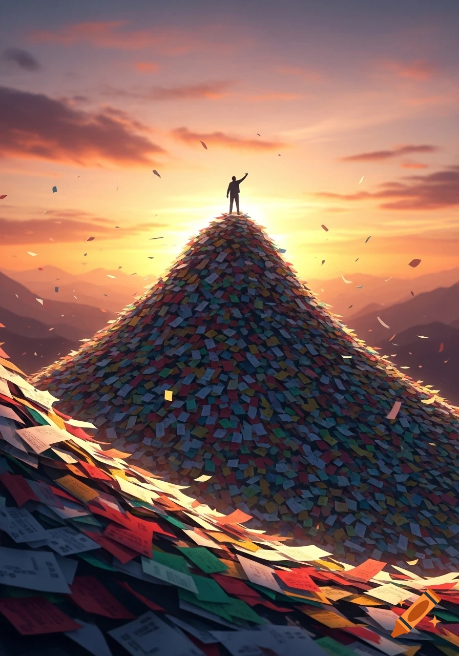 A man stands triumphantly on a mountain of colorful papers and betting slips at sunset, with more papers falling around him.