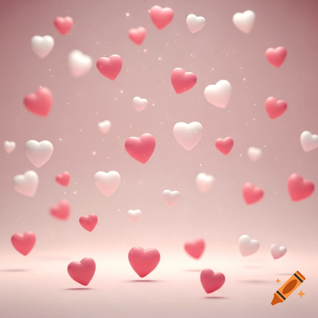 Many small pink and white hearts float and rest on a soft pink surface with a blurred background.