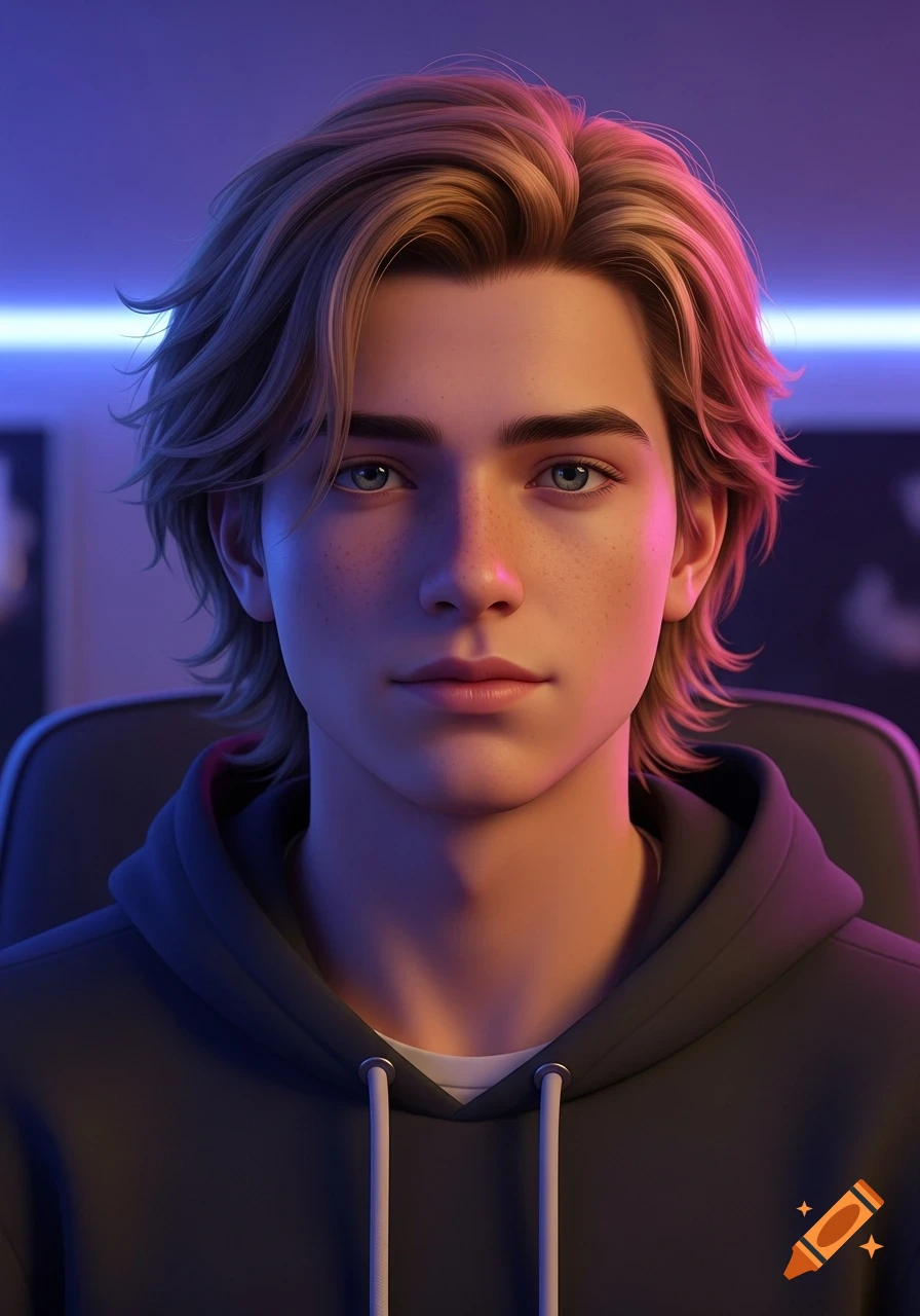 Photorealistic portrait of a teenage boy with blonde hair and blue eyes, wearing a dark hoodie, illuminated by blue and pink LED light.