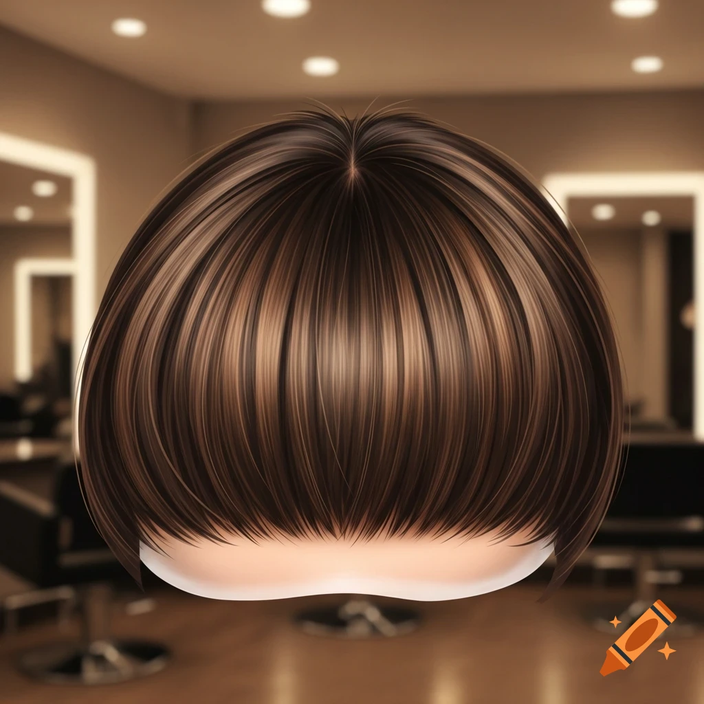 Textured brown bob haircut with highlights, shown from the back, in a blurred salon background.