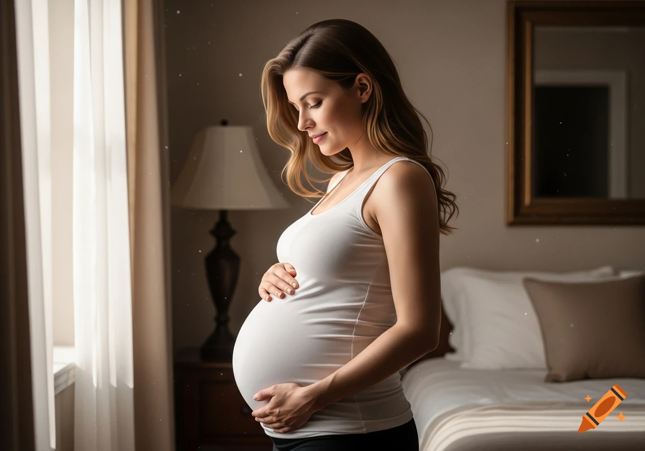A photorealistic image of a heavily pregnant woman in a white tank top, gently holding her large belly while standing by a window in a bedroom.