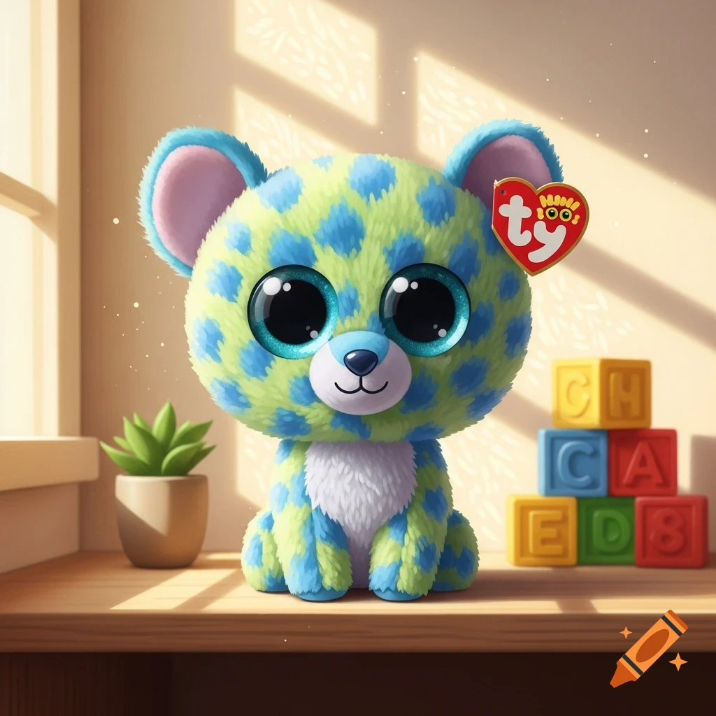 A cute, spotted green and blue plush toy with large, sparkly eyes and a red Ty tag, sitting on a wooden shelf next to a small plant and colorful alphabet blocks.