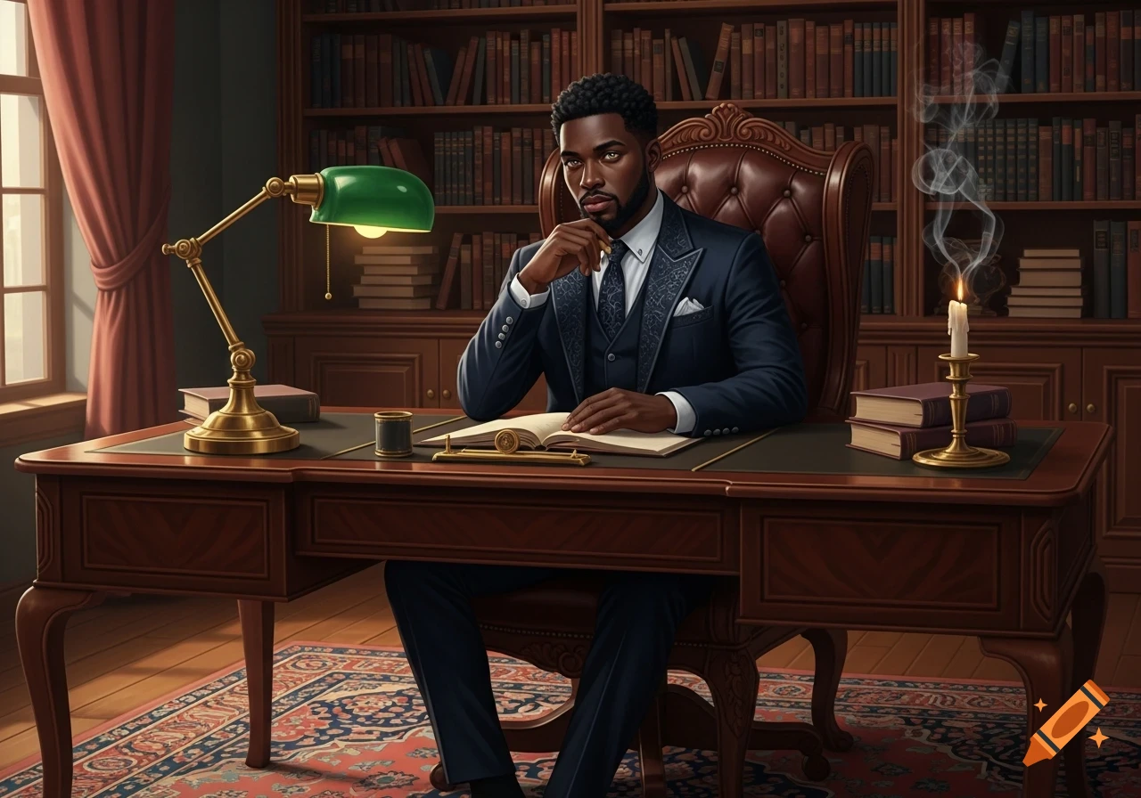 A distinguished Black man in a dark suit sits contemplatively at a wooden desk in a richly appointed study with bookshelves.