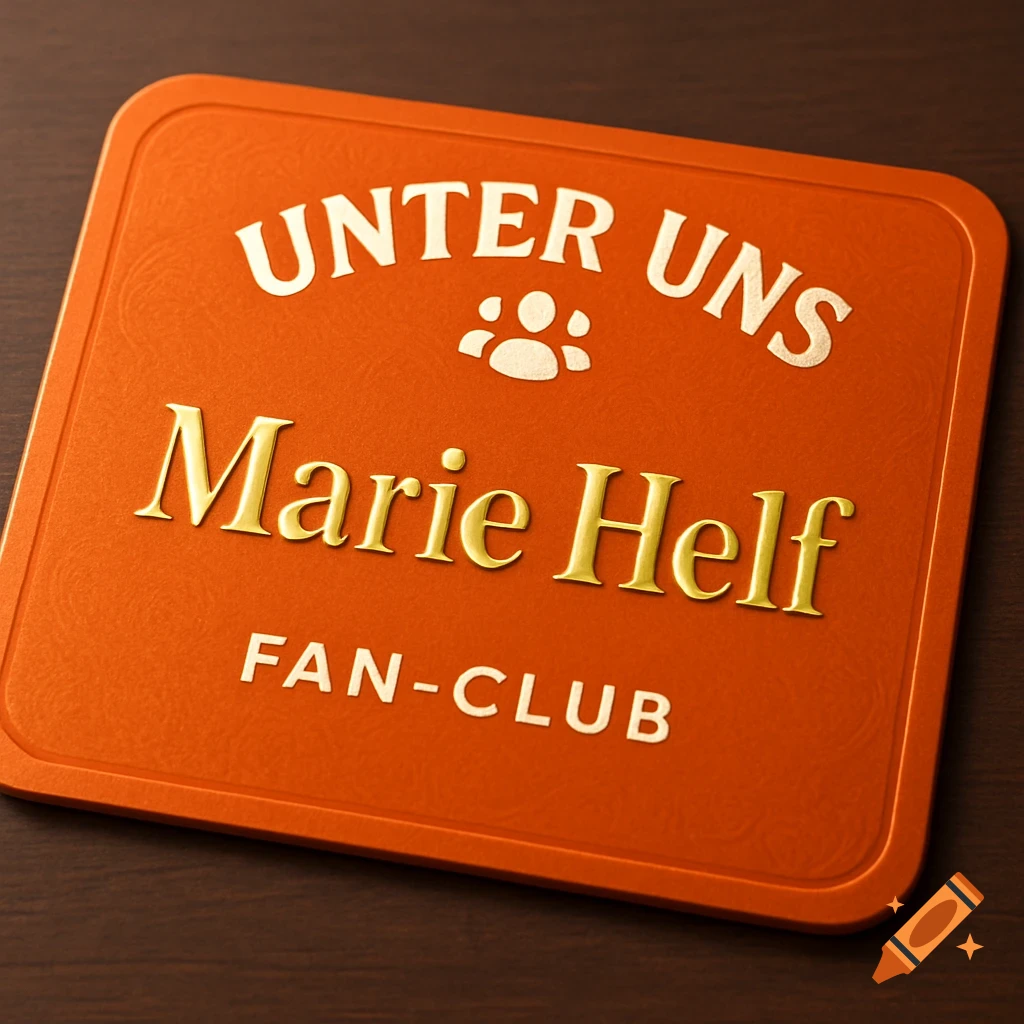 An orange membership card with gold embossed text reading "UNTER UNS", "Marie Helf", and "FAN-CLUB", along with a small icon of three people.