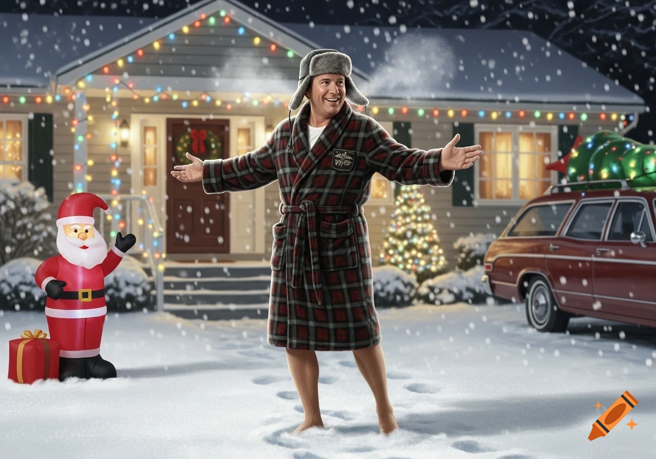 A man in a plaid bathrobe and trapper hat stands barefoot in the snow in front of a Christmas-decorated house with an inflatable Santa and a car.