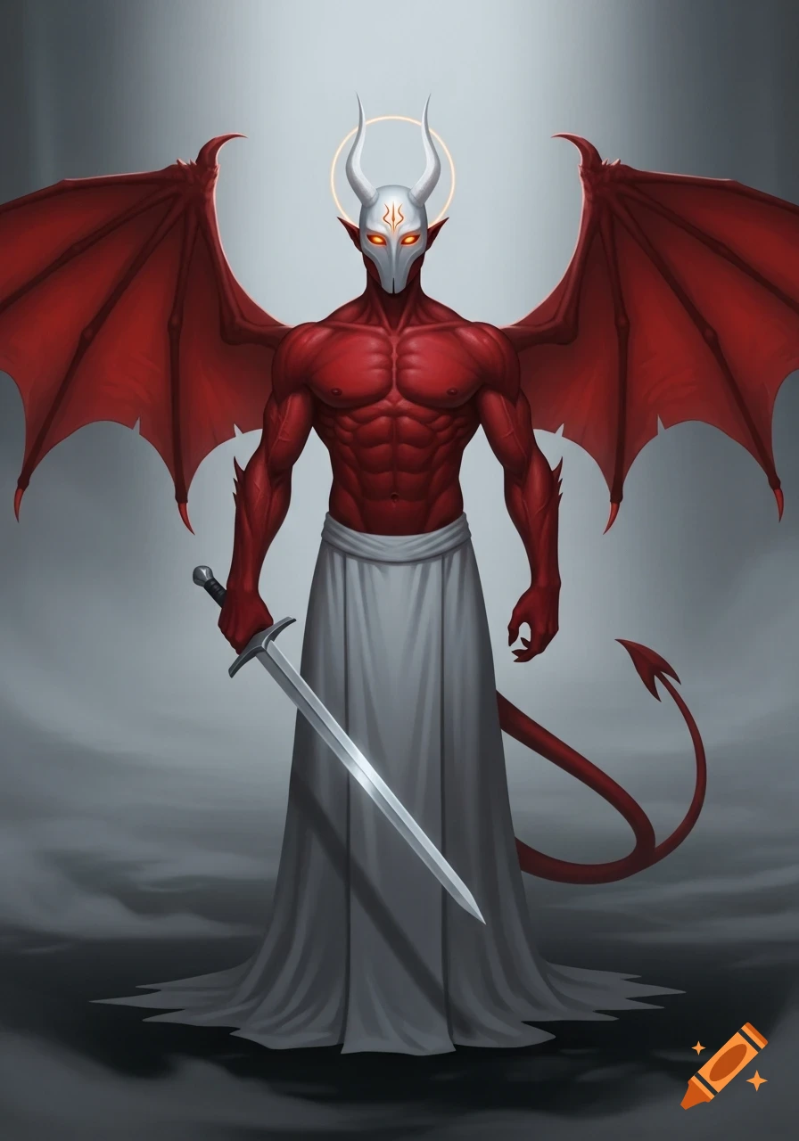 A muscular red-skinned demon with large red bat wings, white horned mask, glowing orange eyes, a tail, and a white flowing garment, holding a silver sword in a foggy void.