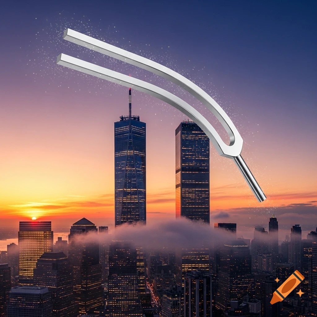A gigantic silver tuning fork floats between two tall skyscrapers of a city skyline during a colorful sunset.