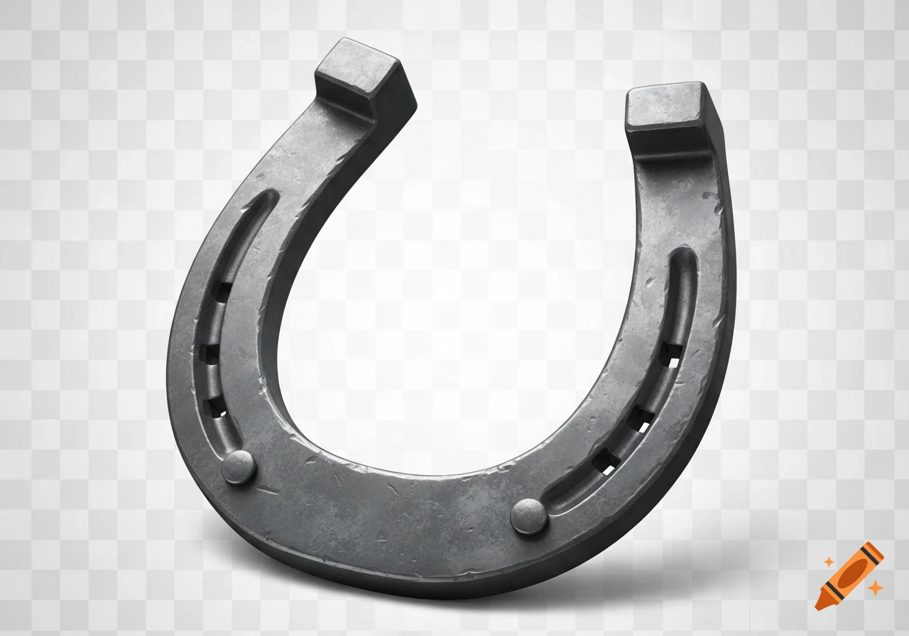 A detailed, photorealistic metal horseshoe on a transparent background.