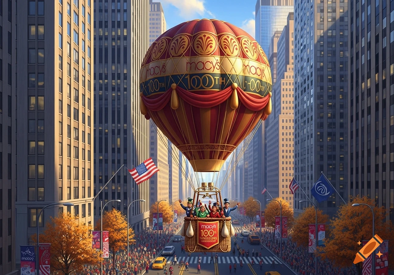 A Macy's 100th Anniversary hot air balloon floats above a street filled with a parade crowd and skyscrapers, with autumn trees and American flags.