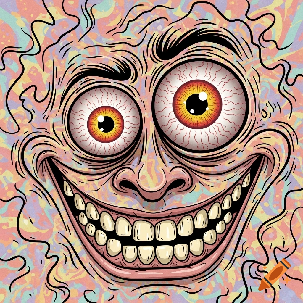 A cartoon close-up of a demented, grinning face with bulging bloodshot eyes and a wavy, psychedelic background.