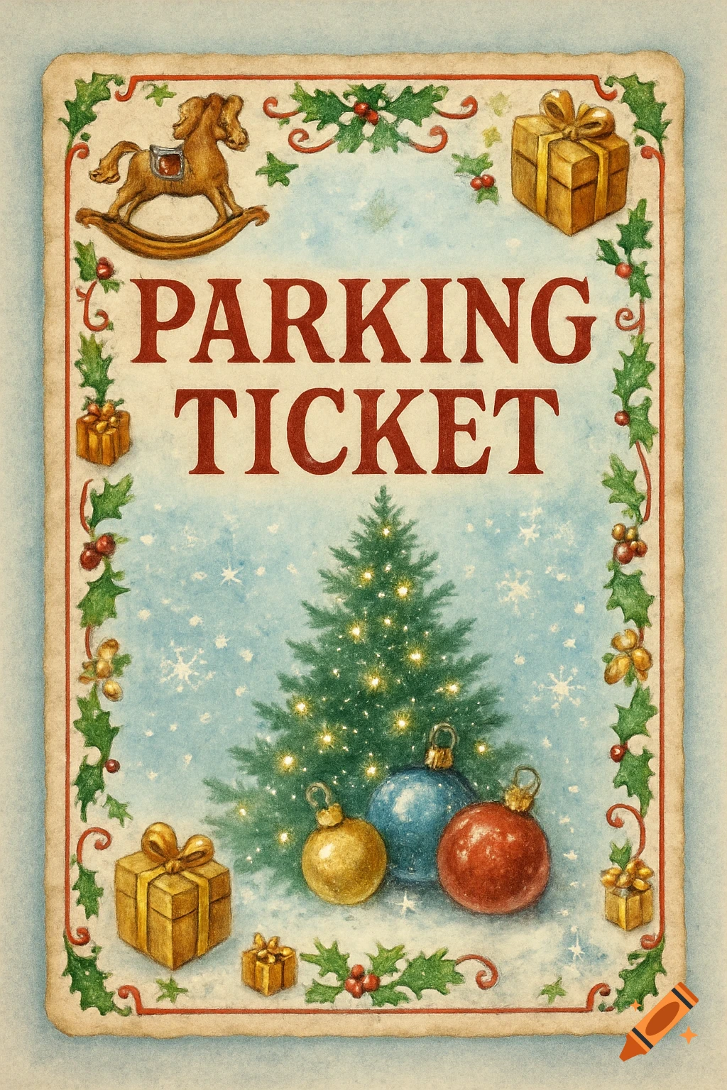 A vintage-style watercolor Christmas parking ticket adorned with a rocking horse, gifts, tree, and ornaments, framed by holly.