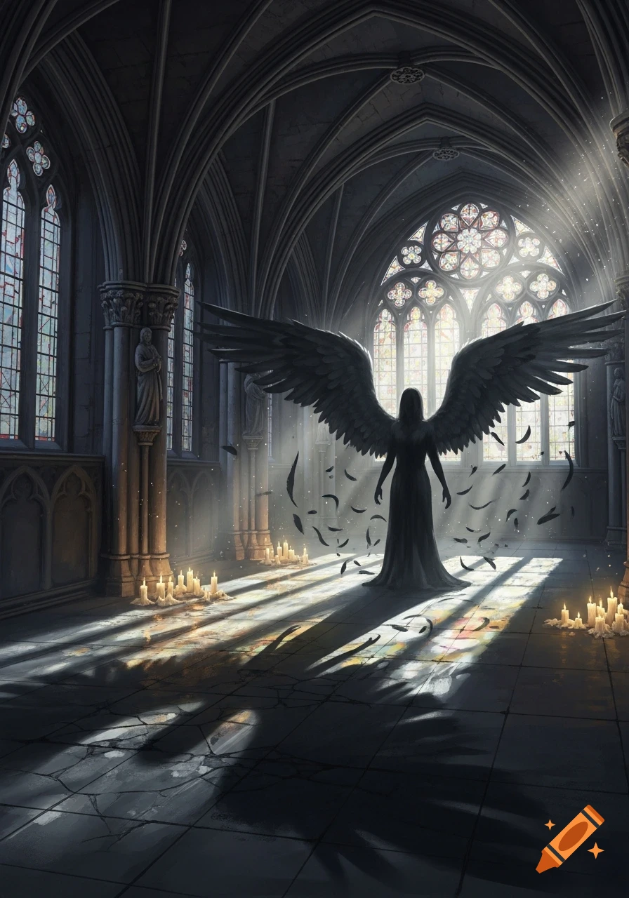 Silhouette of a large-winged angel in a gothic cathedral with stained glass windows, light rays, falling feathers, and lit candles.