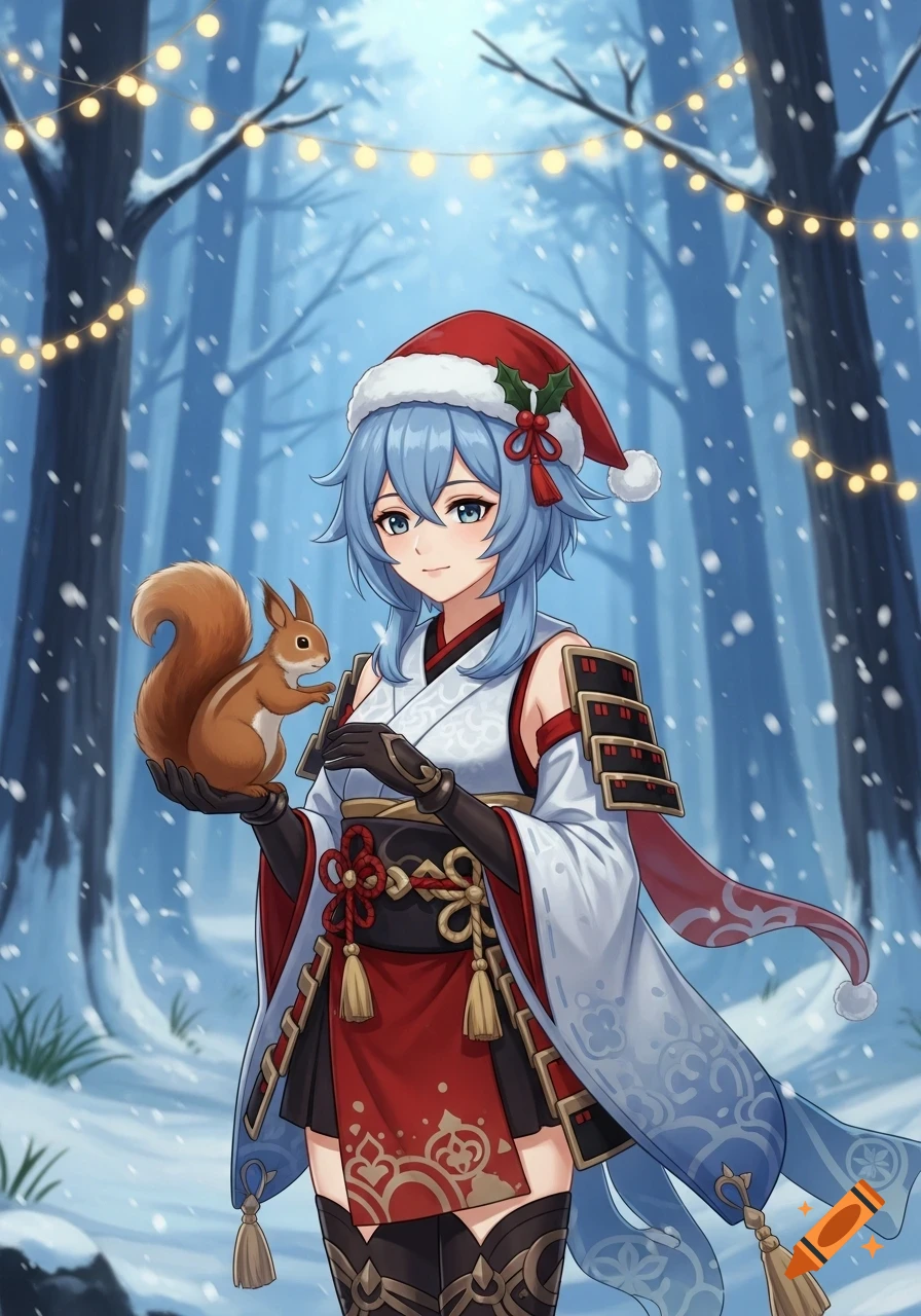 Anime girl Raiden Shogun in a Santa hat holds a squirrel in a snowy forest with festive lights.