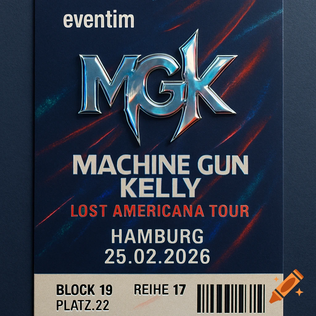 A detailed Eventim concert ticket for Machine Gun Kelly's Lost Americana Tour in Hamburg on 25.02.2026, with a metallic MGK logo.