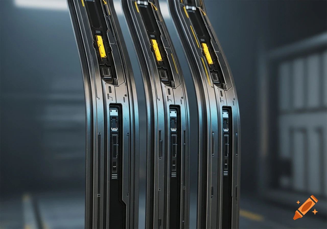 Close-up of three dark metallic sci-fi armor trims with yellow accents and intricate panel lines, against a blurred background.