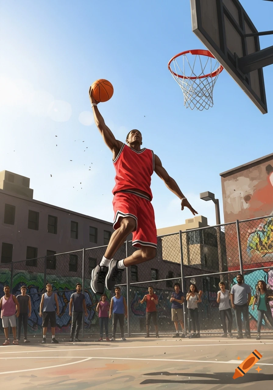 An athletic man in a red uniform dunks a basketball on an outdoor court, watched by a crowd.