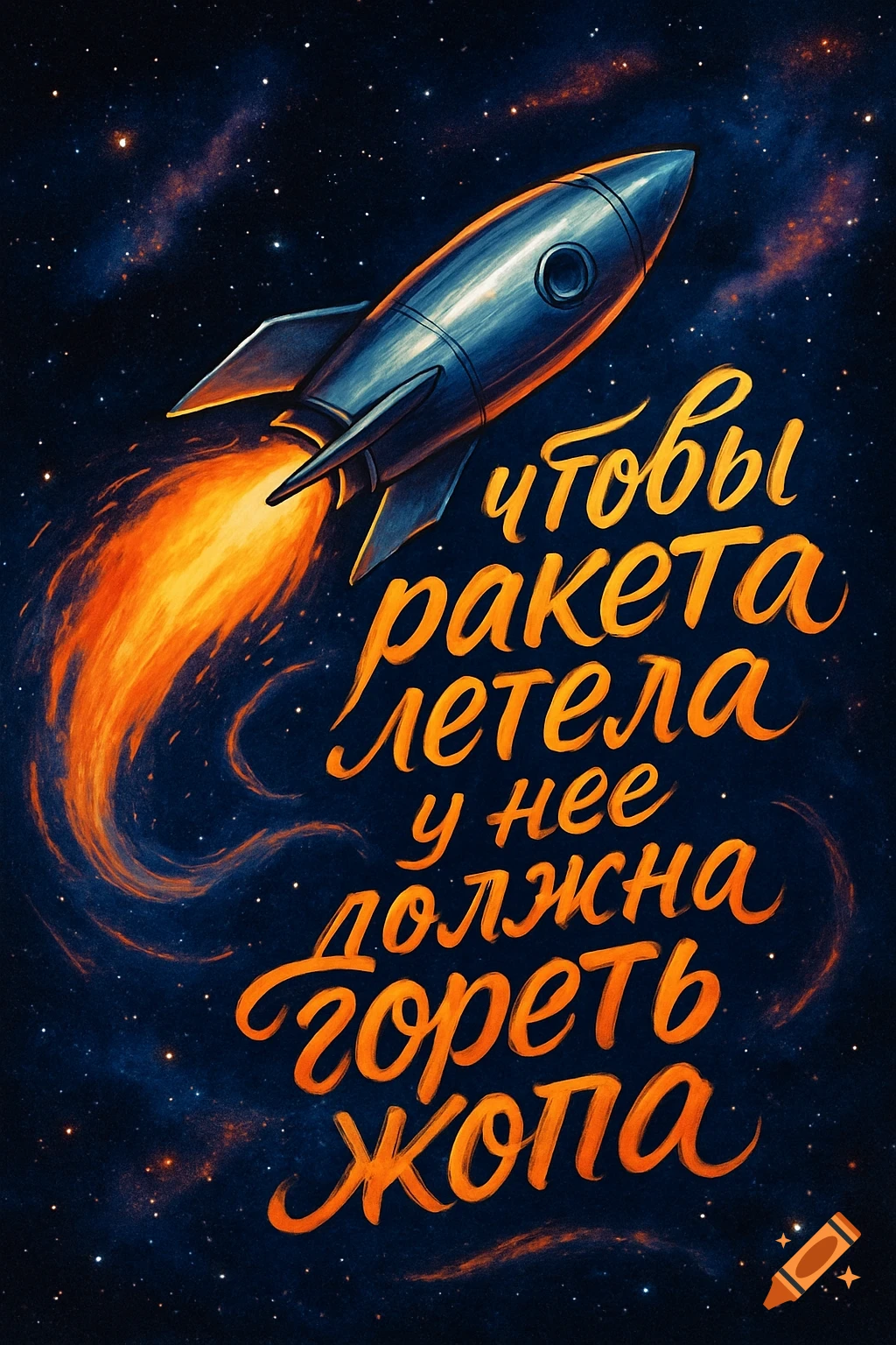 A stylized rocket blasts off in a starry deep space with a humorous Russian quote about propulsion.