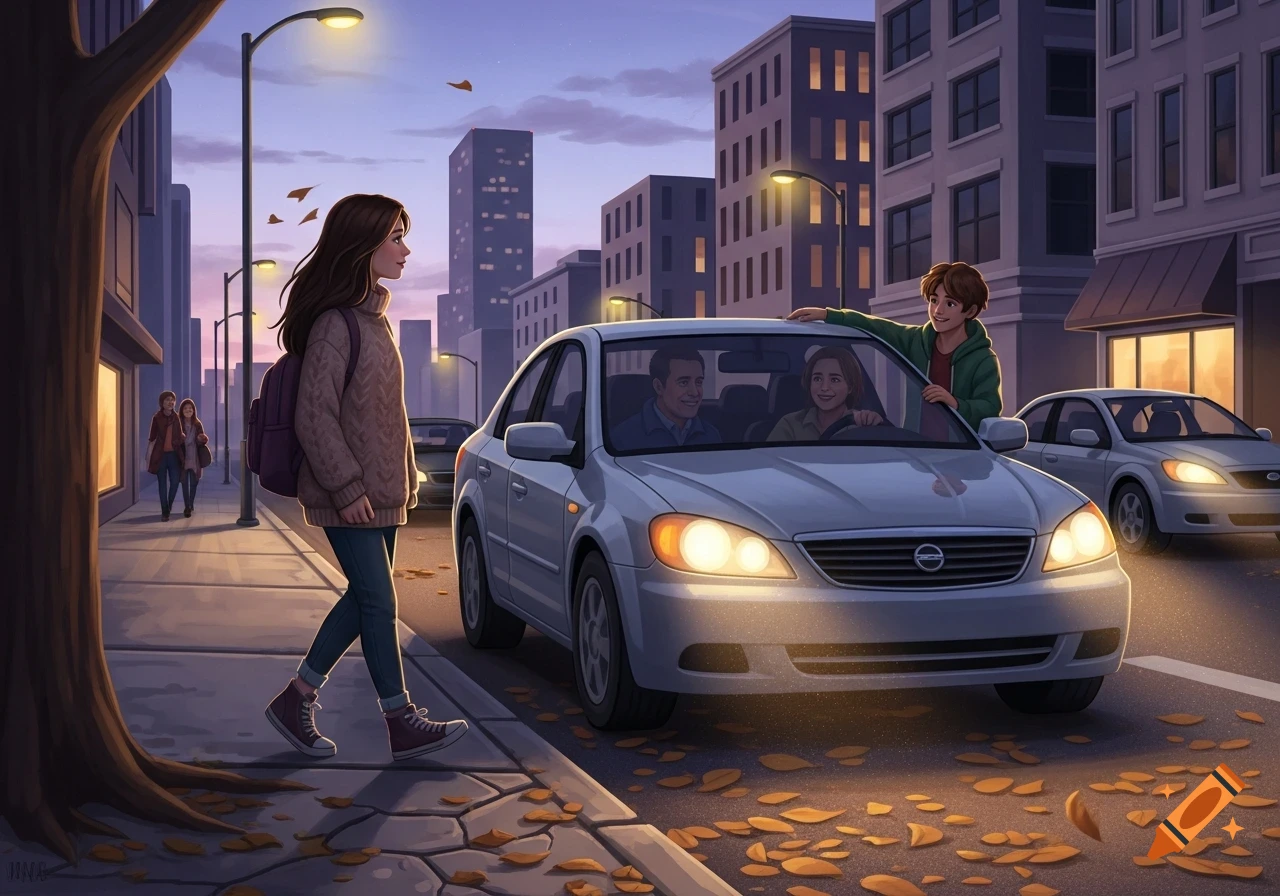 Illustrated street scene: A girl walks on a sidewalk as a boy greets her from a car, fall leaves on the ground, city in background.