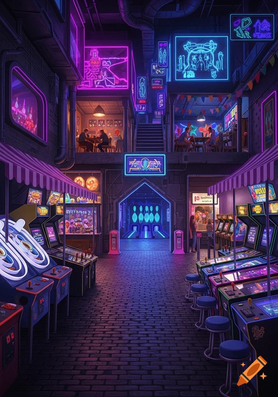 A dark, futuristic cyberpunk city street transformed into a vibrant arcade, lit by purple, magenta, and blue neon lights. Arcade machines line the cobblestone street, with ski ball and other games. Elevated dining areas and a bowling alley entrance are visible in the background.