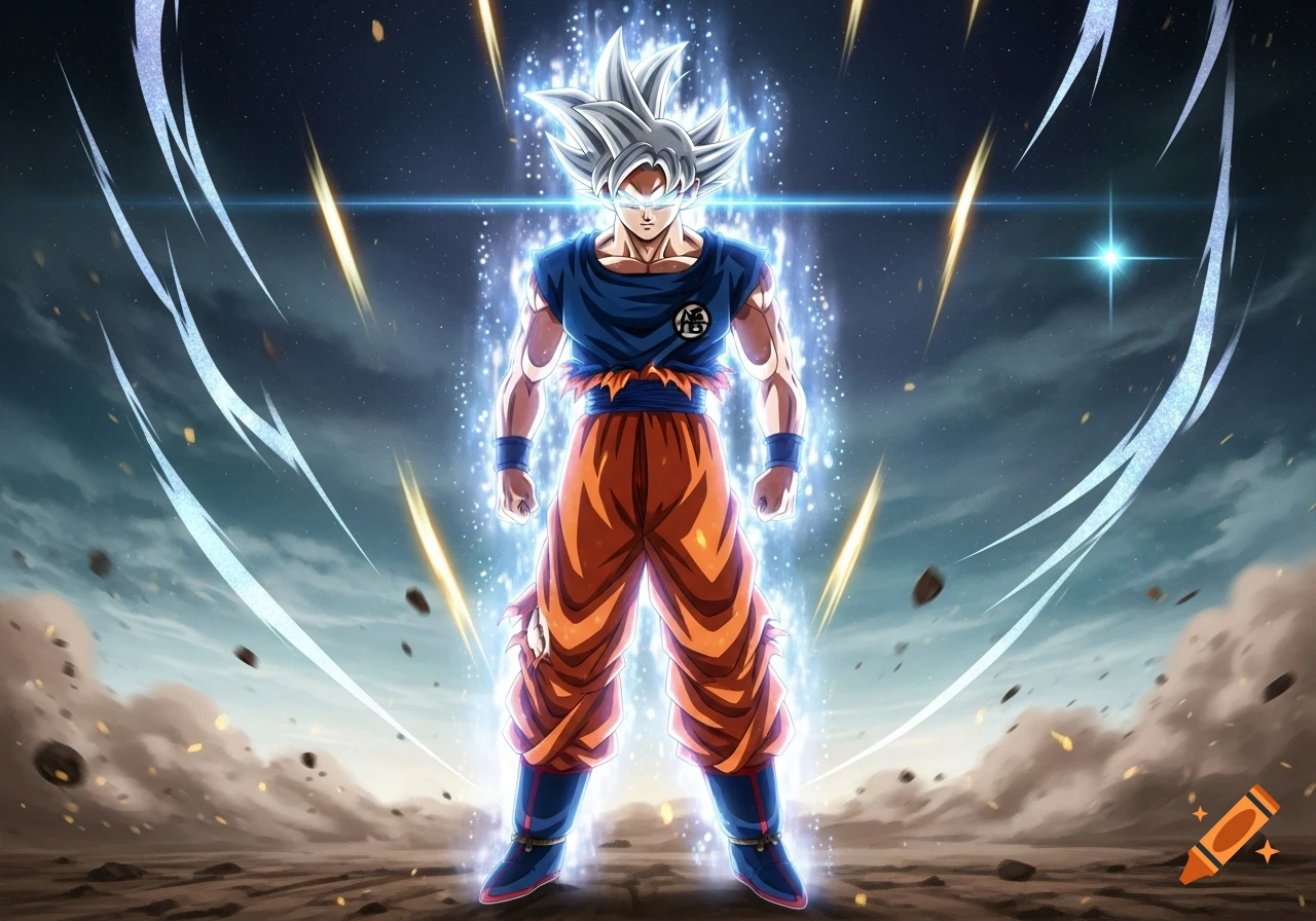 Goku in Ultra Instinct form glows with a blue aura, standing on a cracked battlefield under a dark, starry sky in anime style.