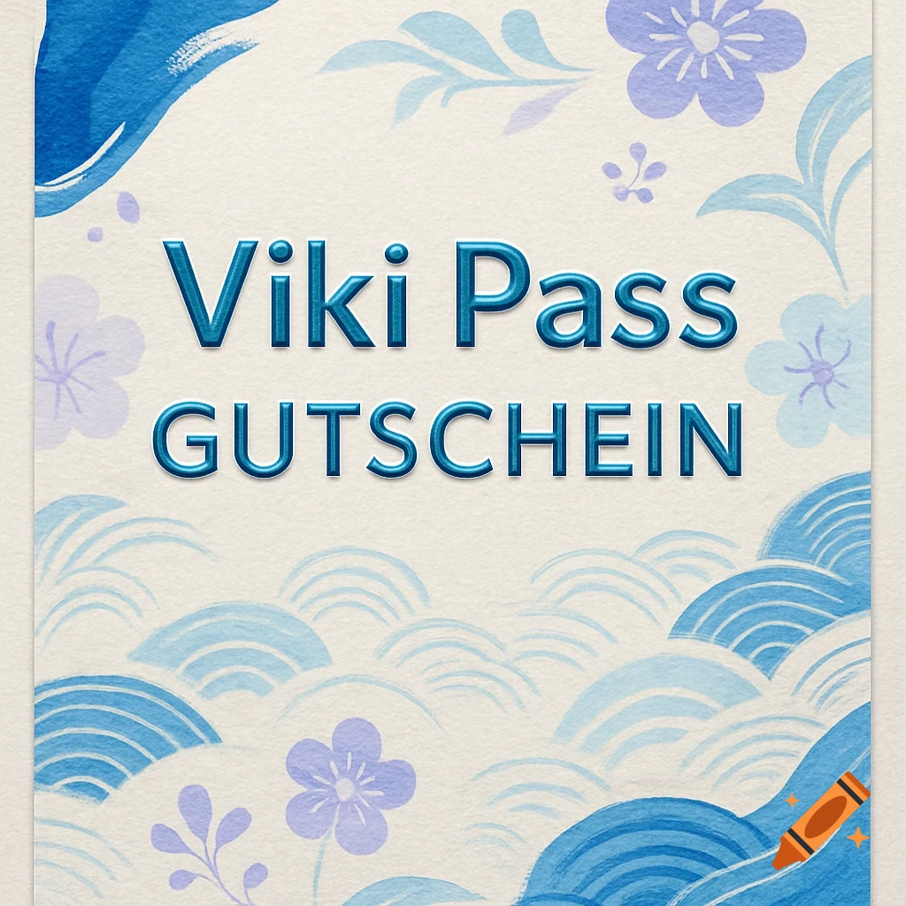 A Viki Pass gift voucher with blue embossed text on a light background, decorated with blue watercolor floral and wave patterns.