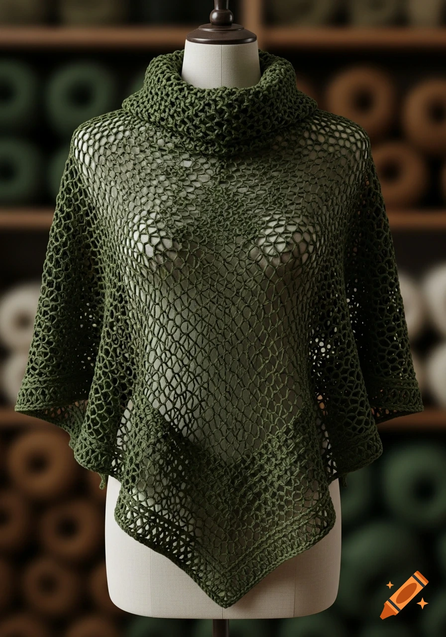 A dark green crochet poncho with a turtleneck collar on a white mannequin, against a blurred background of yarn spools.