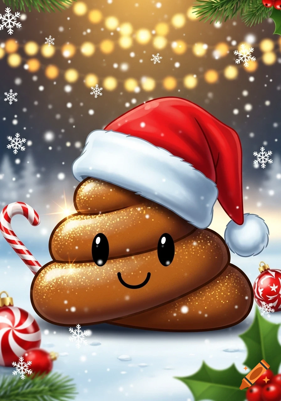 A smiling, glittery poop emoji wearing a Santa hat, surrounded by Christmas decorations and falling snow.