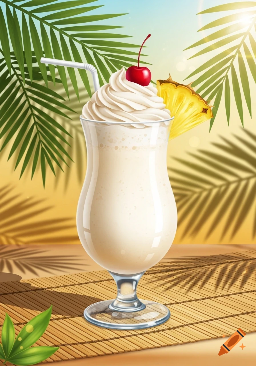 An illustration of a Piña Colada cocktail with whipped cream, a cherry, a pineapple slice, and a straw, on a bamboo mat with tropical leaves.