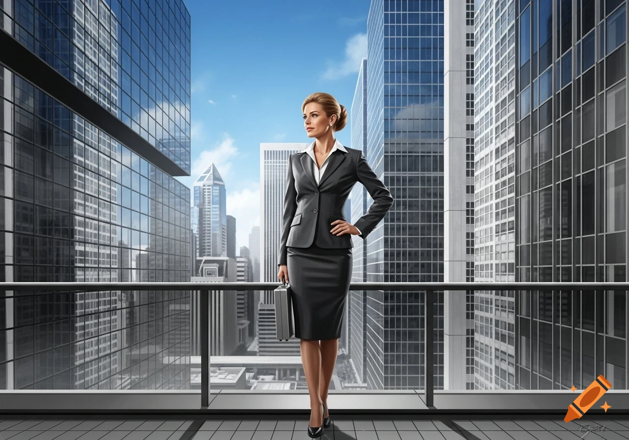 Photorealistic image of a businesswoman in a dark suit standing on a balcony overlooking a modern city skyline.