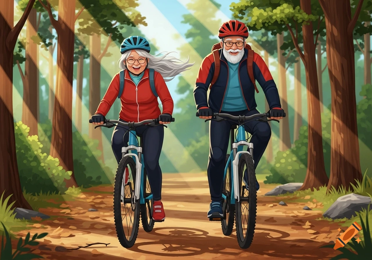 Happy elderly couple mountain biking on a sun-dappled forest trail, illustration.