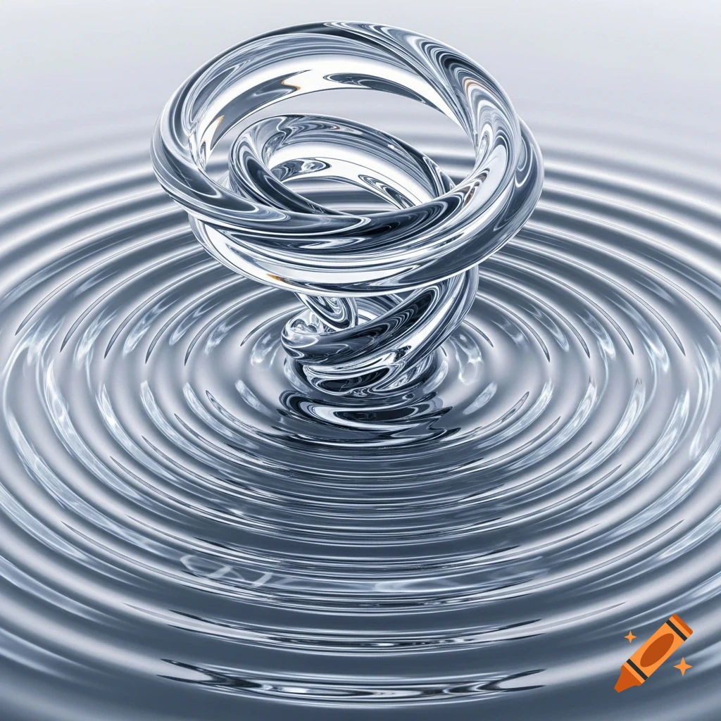 A twisting, reflective, metallic or glass-like abstract sculpture emerges from a surface of concentric water ripples, in a clean 3D render style.