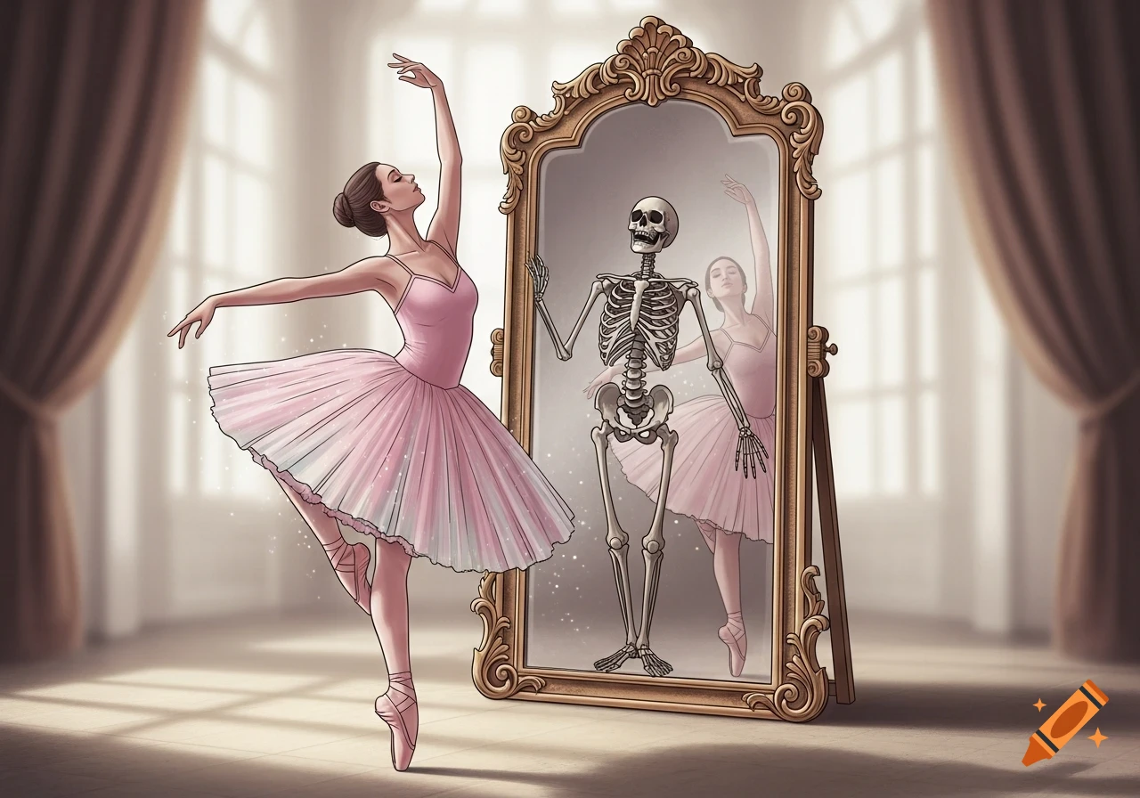 A pink ballerina in an elegant pose looks into a mirror reflecting a skeleton in a similar pose, in an illustrated style.