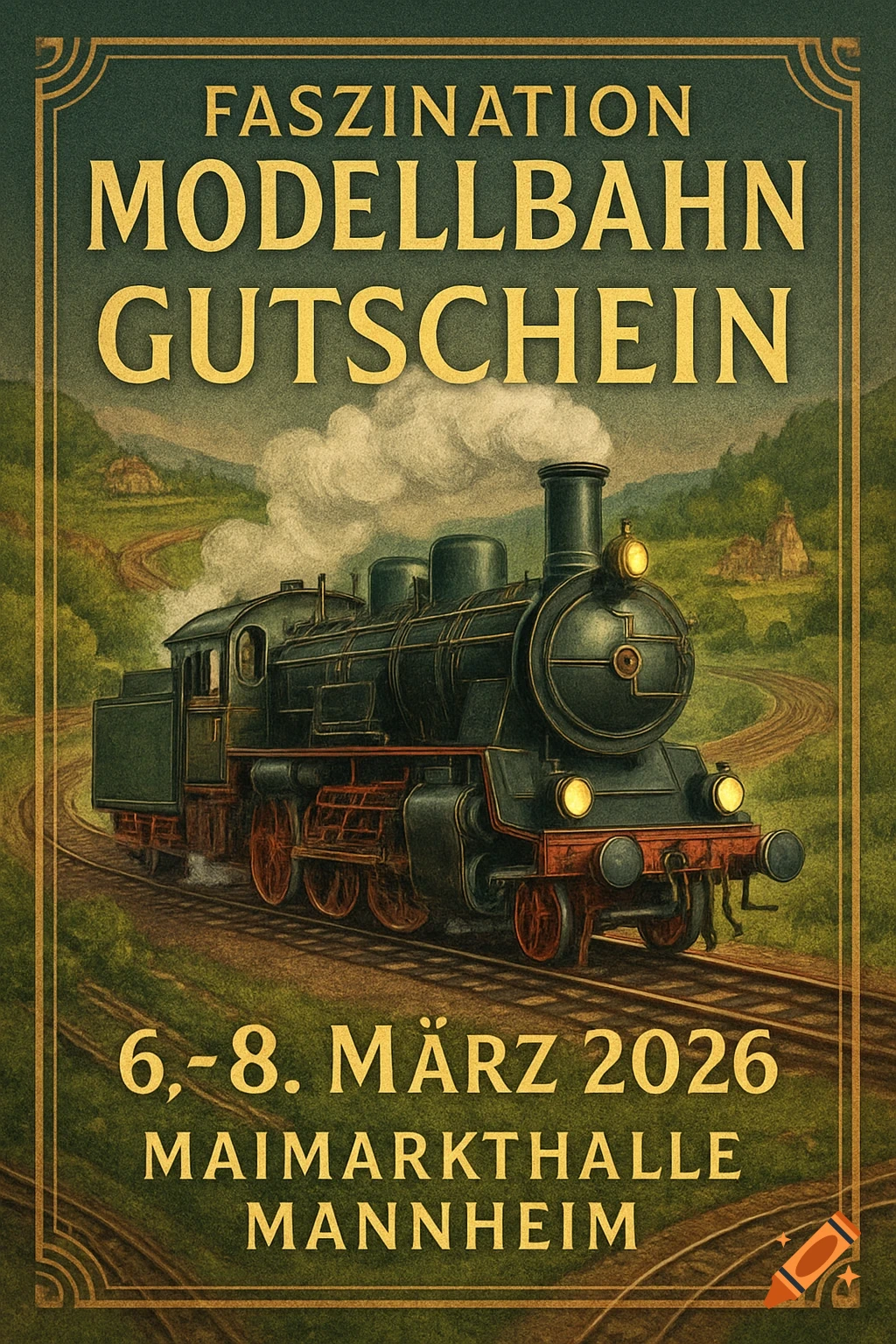 A vintage-style poster for the 'Faszination Modellbahn' event, featuring a steam locomotive in a scenic landscape.