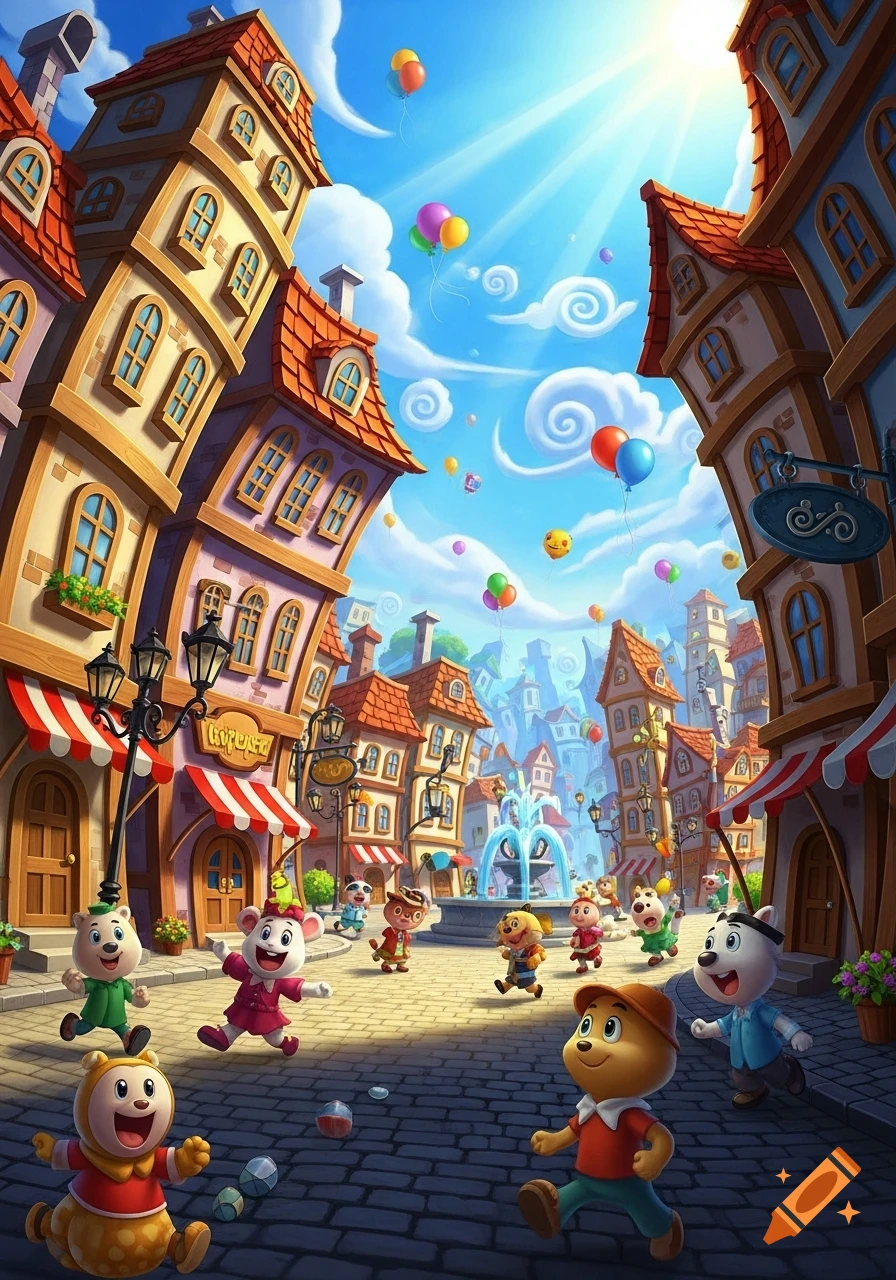 Colorful cartoon town scene with whimsical buildings, a fountain, and various cute animal characters running on a cobblestone street under a sunny sky.