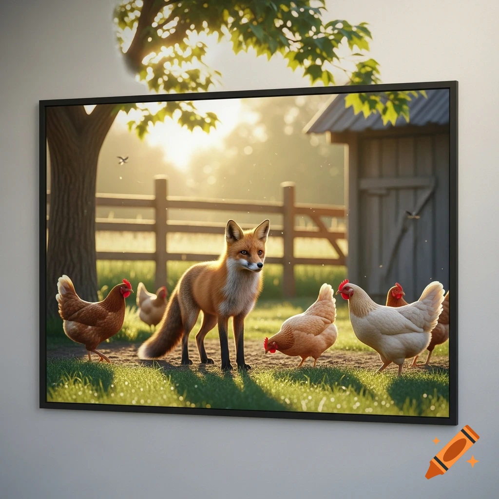 A photorealistic image of a fox standing alertly among chickens on a sunny farm, with a fence and shed in the background.