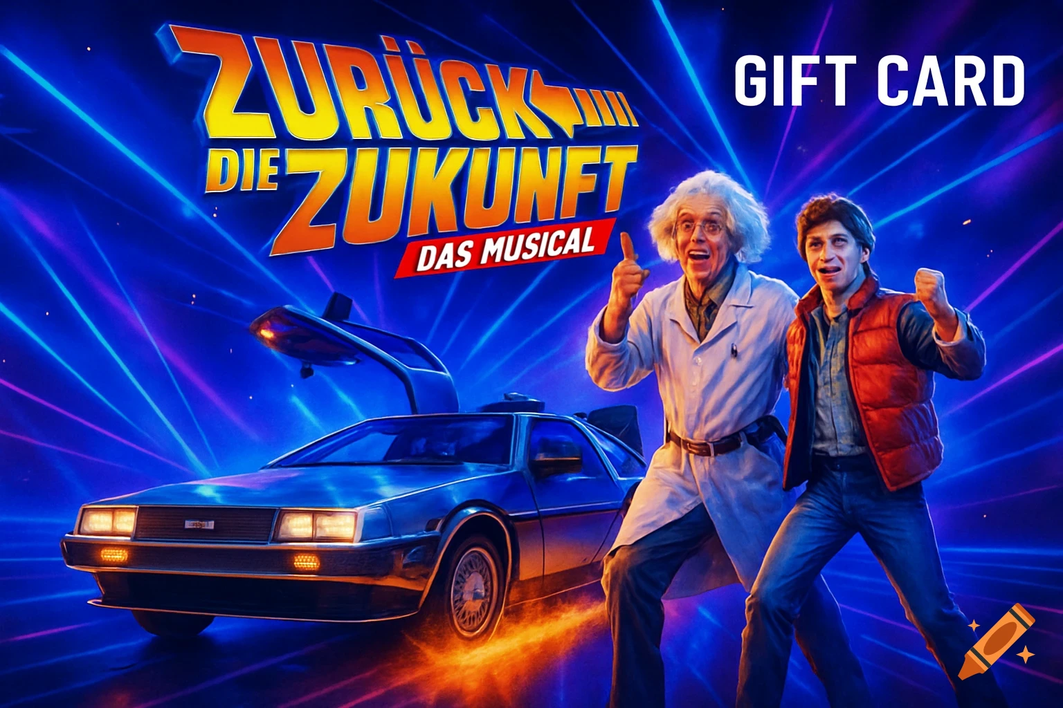 Doc Brown and Marty McFly characters pose with a DeLorean against a neon blue background with 'Zurück in die Zukunft Das Musical' and 'Gift Card' text.