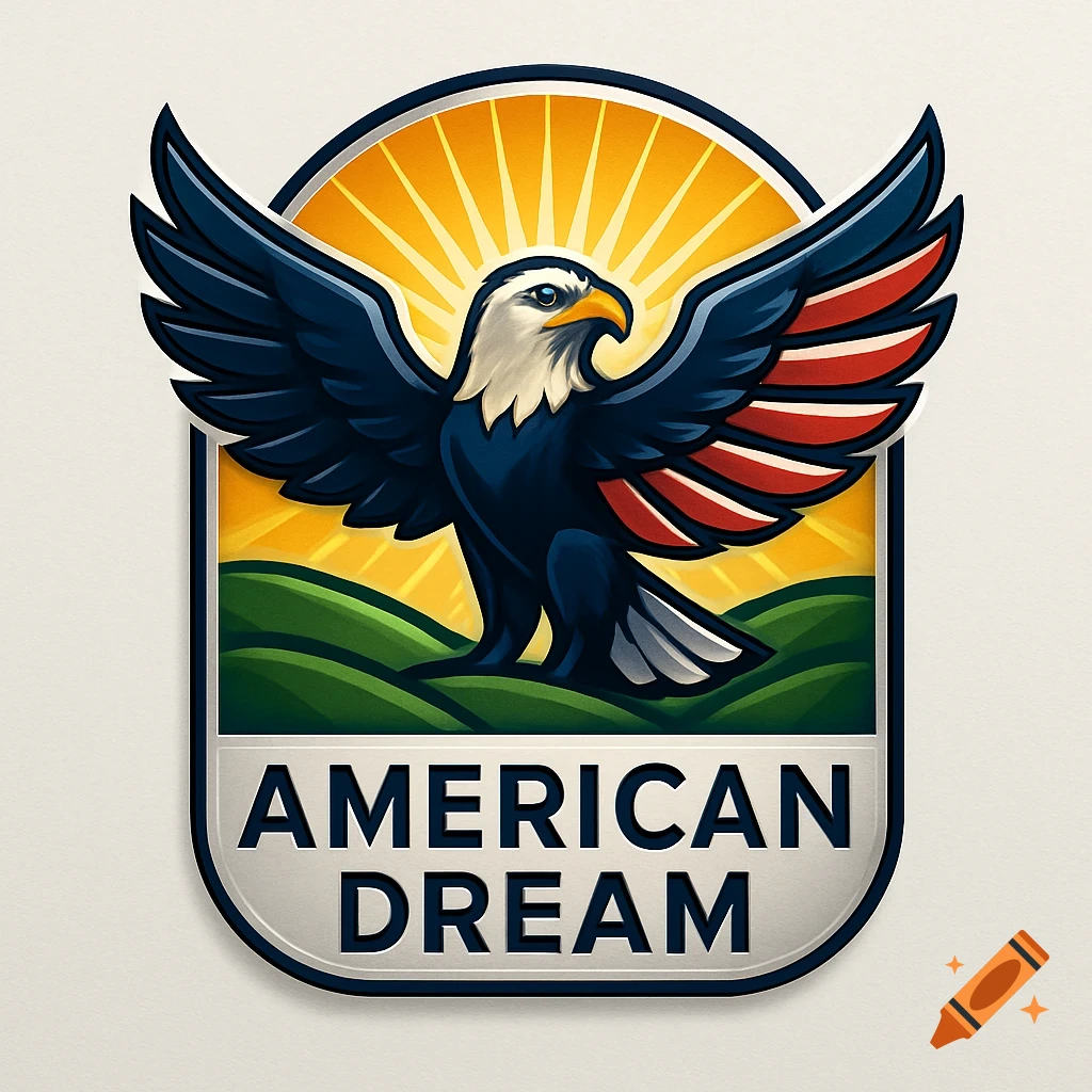 A stylized logo featuring a bald eagle with outstretched wings over green hills and a rising sun, with 'AMERICAN DREAM' text.