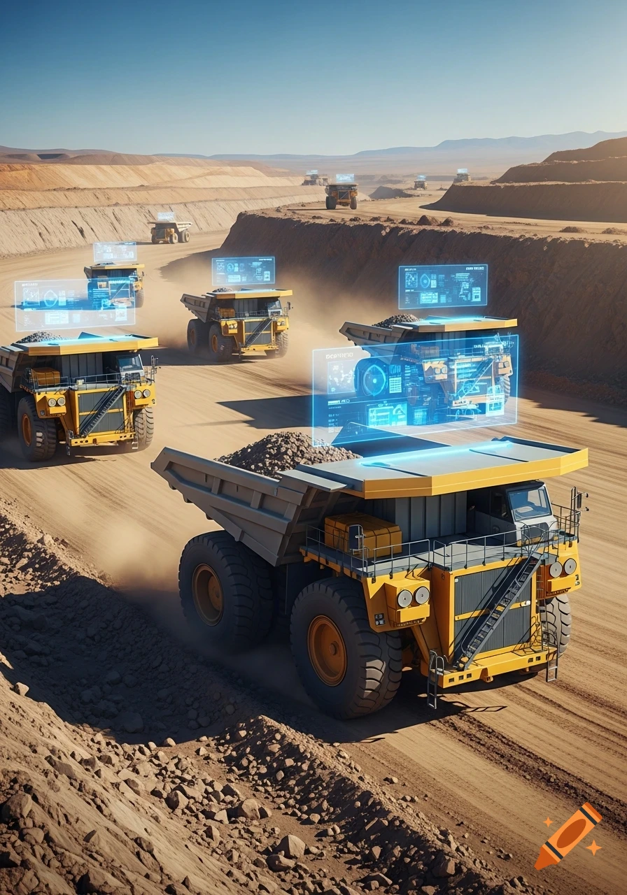 Large yellow mining trucks on a dirt road in a desert mine, with glowing blue holographic data displays floating above them.