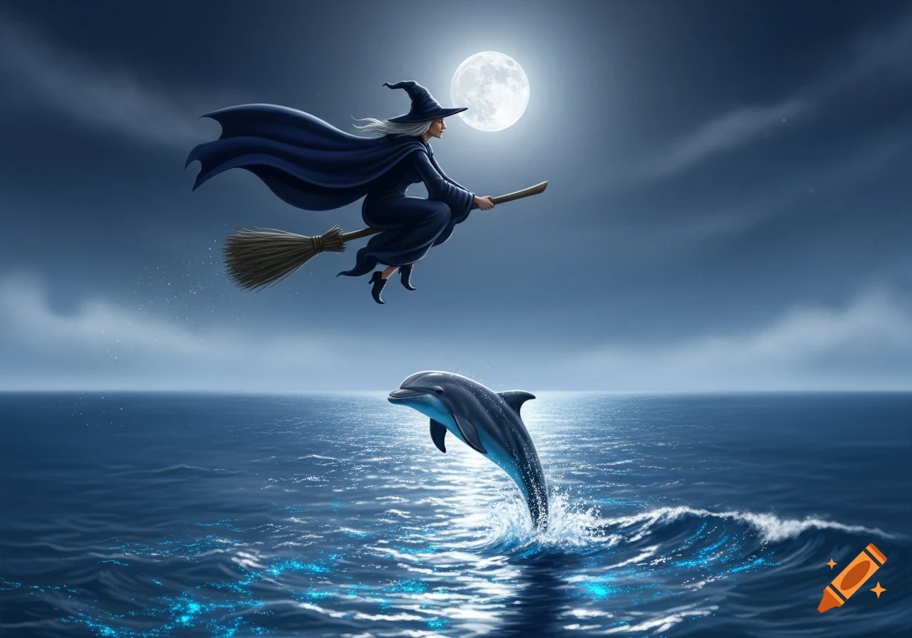A witch flies on a broomstick under a full moon above an ocean where a dolphin leaps out of the water.